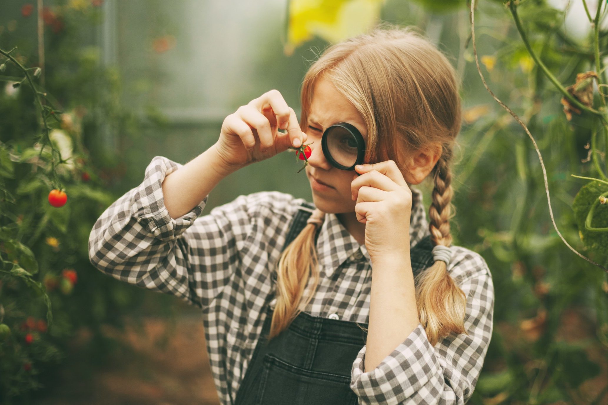 a-beautiful-little-girl-stands-in-a-greenhouse-with-a-crop-holds-a-magnifying-glass-in-her-hands-and_t20_4eY72a